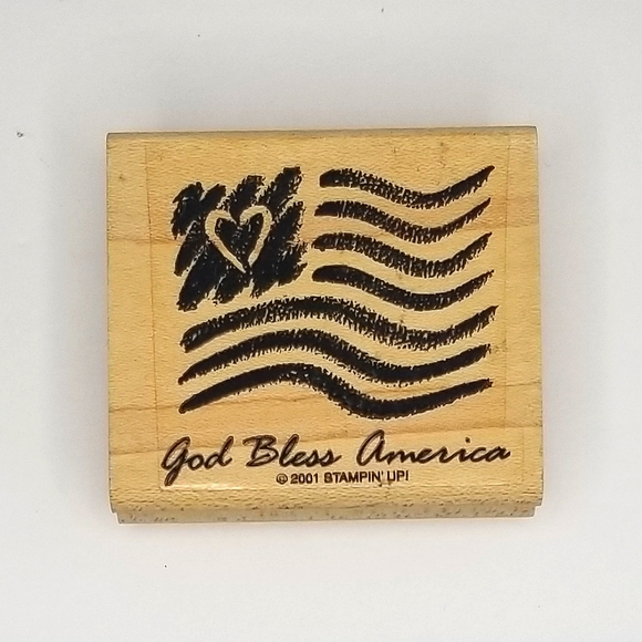 Stampin' Up! Vintage "God Bless America" Heart US Flag Wooden Rubber Stamp - Picture 1 of 3